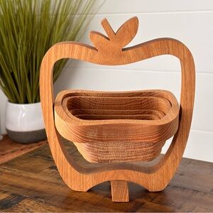 John Keim Signed Apple-Shaped Handcrafted Oak Wood Collapsible Basket